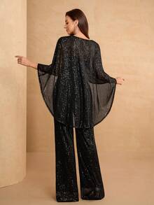 YISIKADO Women's Sequin Jumpsuit Elegant 2-Piece Set, Round Neck Shawl Collar Shiny Outfit, Party Bodysuit, Club, Back To School, Holiday - Black - View 3