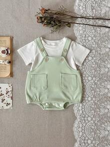 Set de 2 piezas: Camiseta blanca casual + body con tirantes verdes para bebé niña, primavera/otoño - verde menta - Ver 2