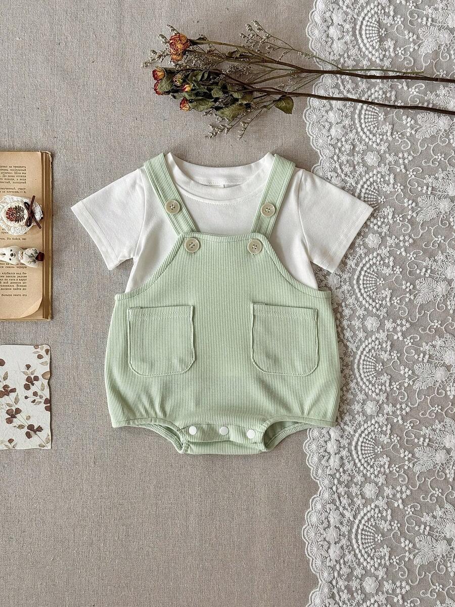 Set de 2 piezas: Camiseta blanca casual + body con tirantes verdes para bebé niña, primavera/otoño