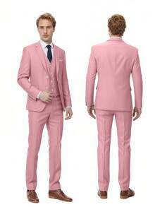 Pink Men's Suit 3 Piece Set, Slim Fit Wedding Tuxedo, Two-Button Business Blazer Jacket With Vest And Pant, Solid Color  For Wedding Groomsmen Business Formal Occasions - Hồng - Xem 2