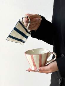 1个条纹锥形陶瓷咖啡杯，欧式简约陶瓷马克杯，水杯，陶瓷杯，高品质水杯，早餐杯，牛奶杯，果汁杯，下午茶杯，办公水杯，咖啡杯，礼品杯 - 彩色 - 查看 10