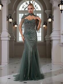 Shiny Zipper Backless Elegant Tassel Beaded Embroidered Sexy Halter Tie Waist Mermaid Evening Dress, Suitable For Wedding, Banquet, Party - Green - View 6