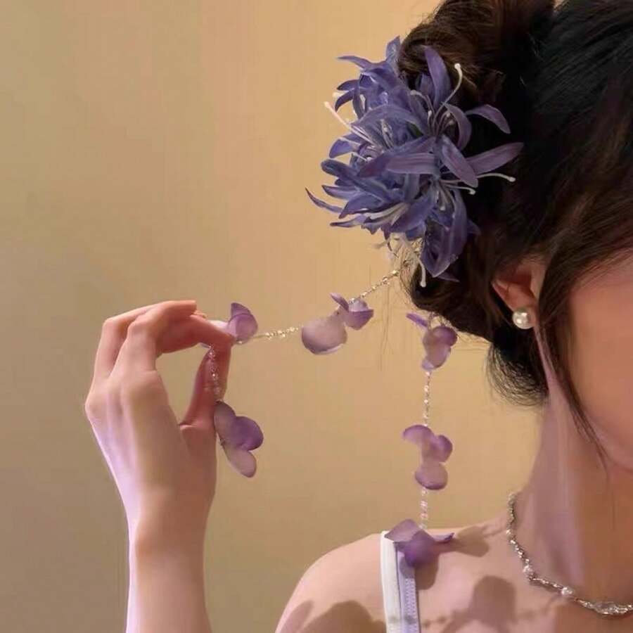 Fashionable Purple Flower & Tassel Hair Clip – The Perfect Resort & Travel Hair Accessory - 紫色 - 查看 1