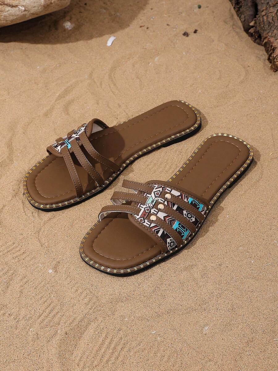 2026 New Square Toe Flat Fashionable Versatile Outdoor Beach Slippers For Summer - Brown - View 1