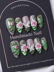 10片/套 手工杏仁形美甲贴纸，Y2K绿色法式风格，3D手工瓢虫设计，手绘绿叶图案，搭配珠子，用于美甲装饰。包含1片果冻胶和1把指甲锉。适合日常佩戴和Coachella音乐节等场合，是美甲贴纸和美甲护理产品的理想之选。美甲用品 手工按压式美甲 - 綠色 - 查看 3