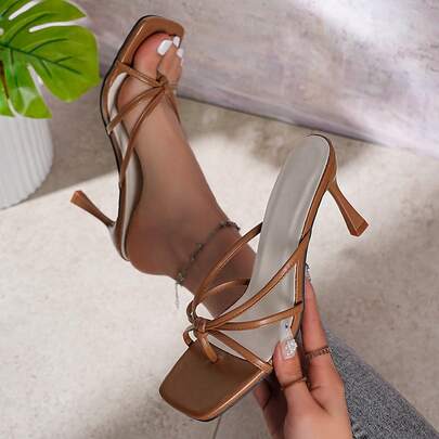 Women's High-Heeled Sandals, Featuring A Crisscross Strap Design, A Sturdy And Durable Stiletto Rubber Sole, Lightweight Slip-On Style, Shipped From Local Warehouse, Suitable For Everyday Outings And Beach Vacations.
