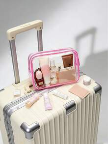 女士透明拉链化妆包，旅行必备收纳包 - 玫瑰红，多功能收纳袋，透明洗漱包，健身洗漱包，浴室收纳包，日常携带包，可放入随身行李。PVC钱包式设计。非常适合收纳化妆品、洗漱用品、玩具和其他物品。透明拉链化妆包，适合婚礼季、伴娘礼物、新娘礼物、情侣礼物、情人节等场合。