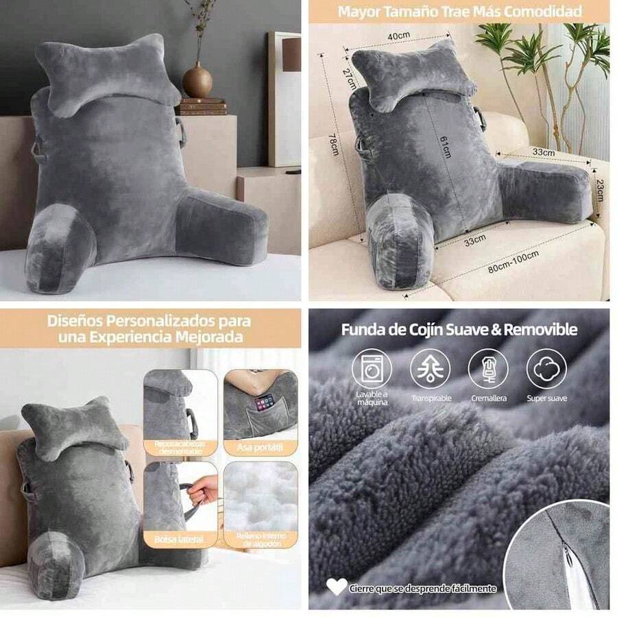FIAN Almohada para Espalda con reposabrazos y Bolsillos para Sentarse en Cama, Respaldo para Cama, Almohada de Lectura, Descanso, Jugar, Relajarse o Ver la televisin para Adultos - como se muestra en la figura - Ver 1