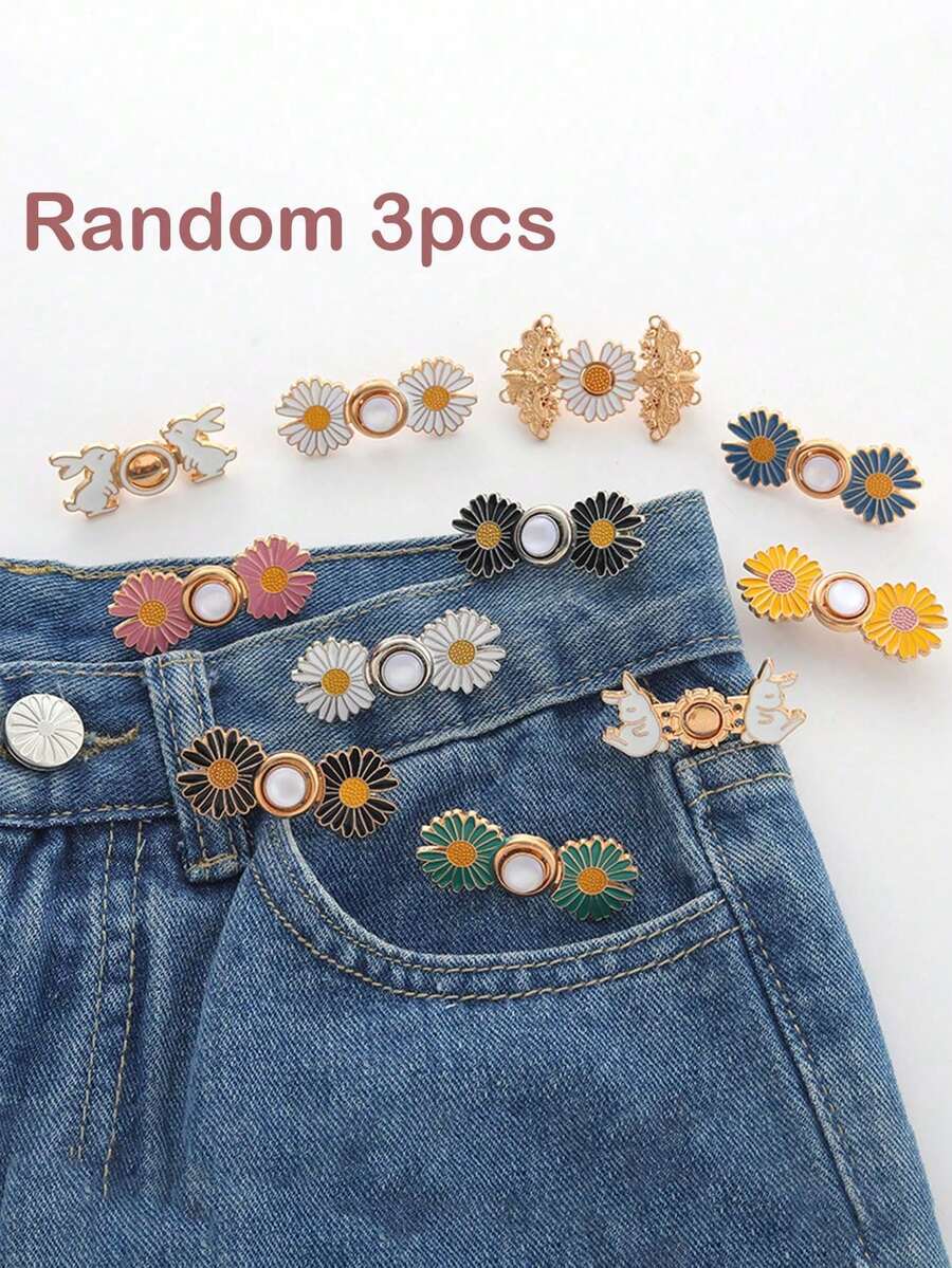 3 piezas Cinturón de cintura con botones de margarita, cinturón de cintura metálico sin coser ni perforar, accesorios de cinturón de cintura con forma de conejo adecuados para varios pantalones - Unitalla - Ver 1