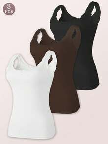 3pcs Women Solid Color Lace Trim Decorated Crew Neck Sleeveless Vest Splicing Collar Camisole Thin Tank Top - Multicolor - View 2
