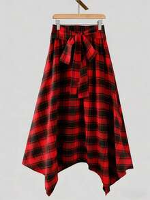 Women's New Year Valentine's Day Plaid Asymmetrical/Irregular Belt Versatile Midi Skirt, Suitable For Daily And Street Wear. - Red - View 3