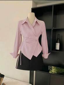 Women's Casual Commuter Striped Wrap Shirt - Pink - View 3