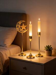 1pc/Set Metal Gold/Black Large Crescent Moon Candle Holder/Ramadan Lantern/Candle Holder/Windproof Glass Candle Holder - Multicolor - View 10