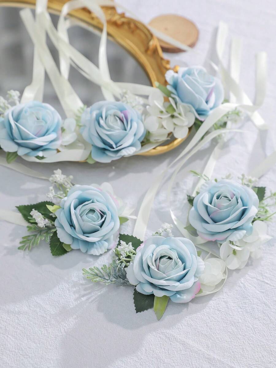 1/6 bó hoa hồng trang nhã kèm lá xanh giả, thích hợp cho chú rể, cô dâu, phù rể, phù dâu, đám cưới, lễ đính hôn, tiệc tùng, tiệc chiêu đãi. - Màu xanh nhạt - Xem 1