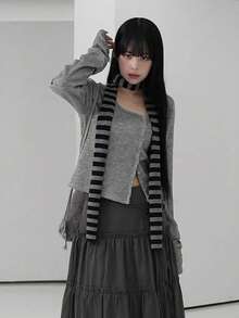 秋季不对称领长袖修身时尚短款上衣（不含围巾）休闲 - 灰色 - 查看 5