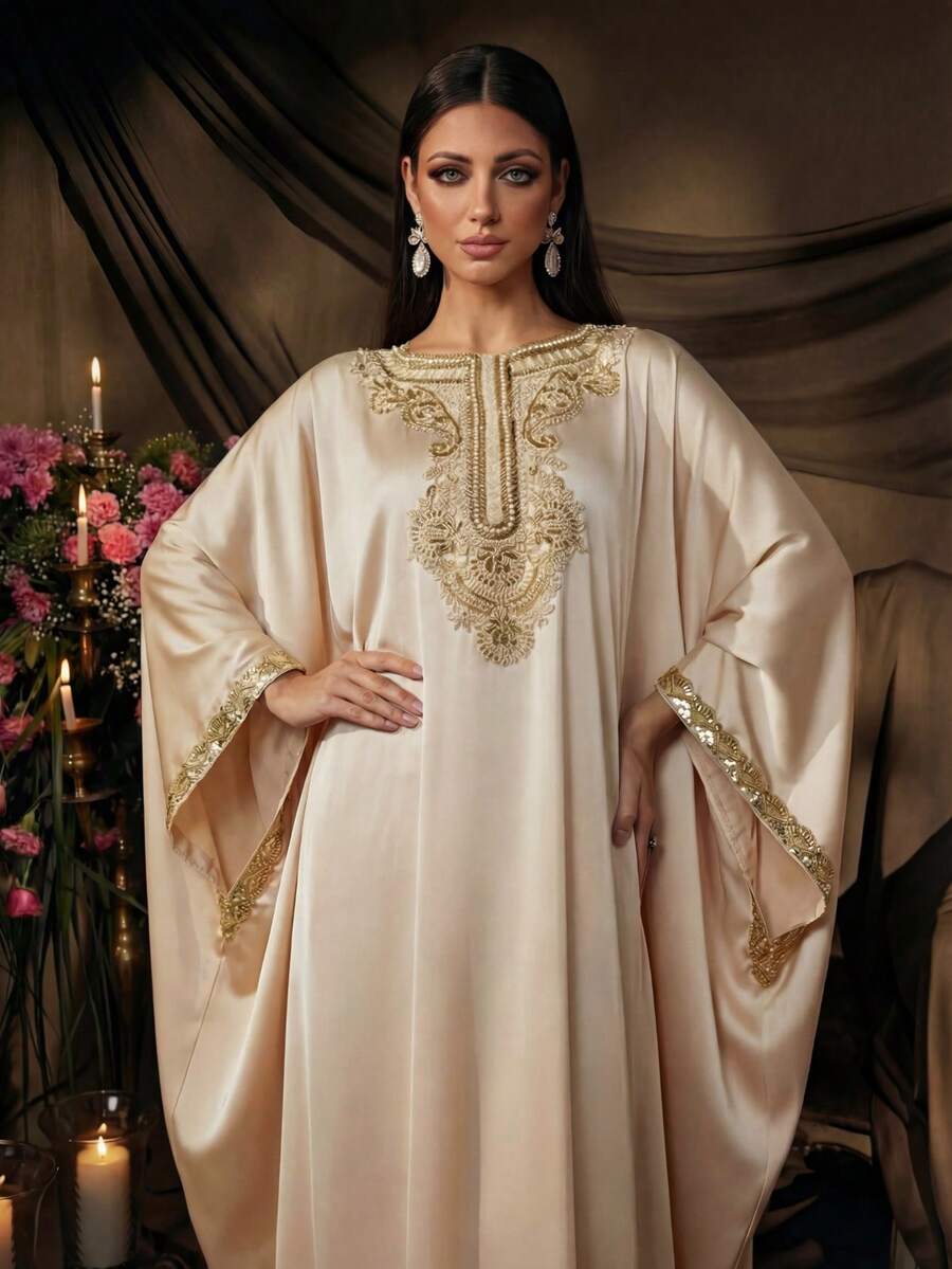 AmazingHoney Elegante bata de kaftan de color crema con detalles bordados en dorado, mangas de murciélago, bata de fiesta abaya, bata de kaftan, bata abaya (corte holgado - por favor, consulte la tabla de tallas) - Albaricoque - Ver 1