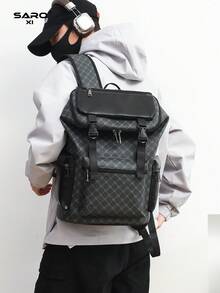 1pc Men Fashion Backpack, Casual Daypack With Printing, Large Capacity Travel Laptop Rucksack, Hiking Backpack With Zipper, PVC Black Bag, Gift For Men, Men's Accessories Laptop Bag For Men Office Bag - Black - View 5