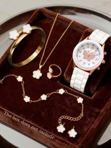 7件套多功能黑色星空石英数字手表套装，搭配幸运花项链、手链、戒指、耳环和珠宝配饰，是情人节和复活节送给女性的理想礼物。