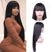 Peruca de Cabelo Virgem Brasileiro com Franja, Densidade de 180%, Cor Natural, Sem Renda na Frente, Adequada para Mulheres - Natural Black - Visão 2