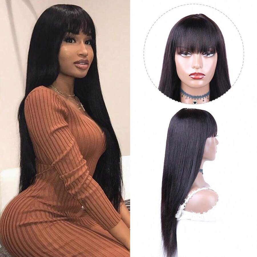 Peruca de Cabelo Virgem Brasileiro com Franja, Densidade de 180%, Cor Natural, Sem Renda na Frente, Adequada para Mulheres