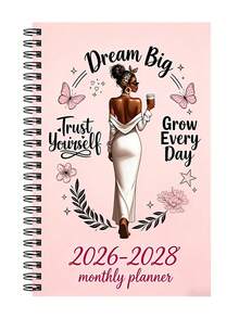 2026-2028 年“活出真我，做真实的自己”赋能主题螺旋装订月度计划本：魅力粉色和玫瑰金图案，自信励志语录（“闪耀光芒”），三年规划，助您设定目标、追踪自我发现、打造时尚生活——完美契合追求真我、自我成长以及注重长期规划的人士。 - 彩色 - 查看 13