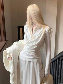 Plunging Neck Splicing 2 In 1 Fitted Long Sleeve T-Shirt Blouse For Women, Stylish Design White Casual - White - View 2