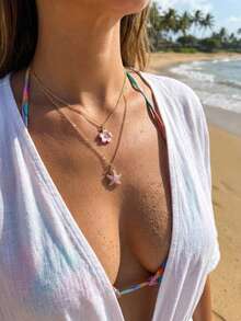 2件套花朵和海星吊坠项链，适合女性日常佩戴和海滩度假佩戴，礼品 - 粉色 - 查看 2