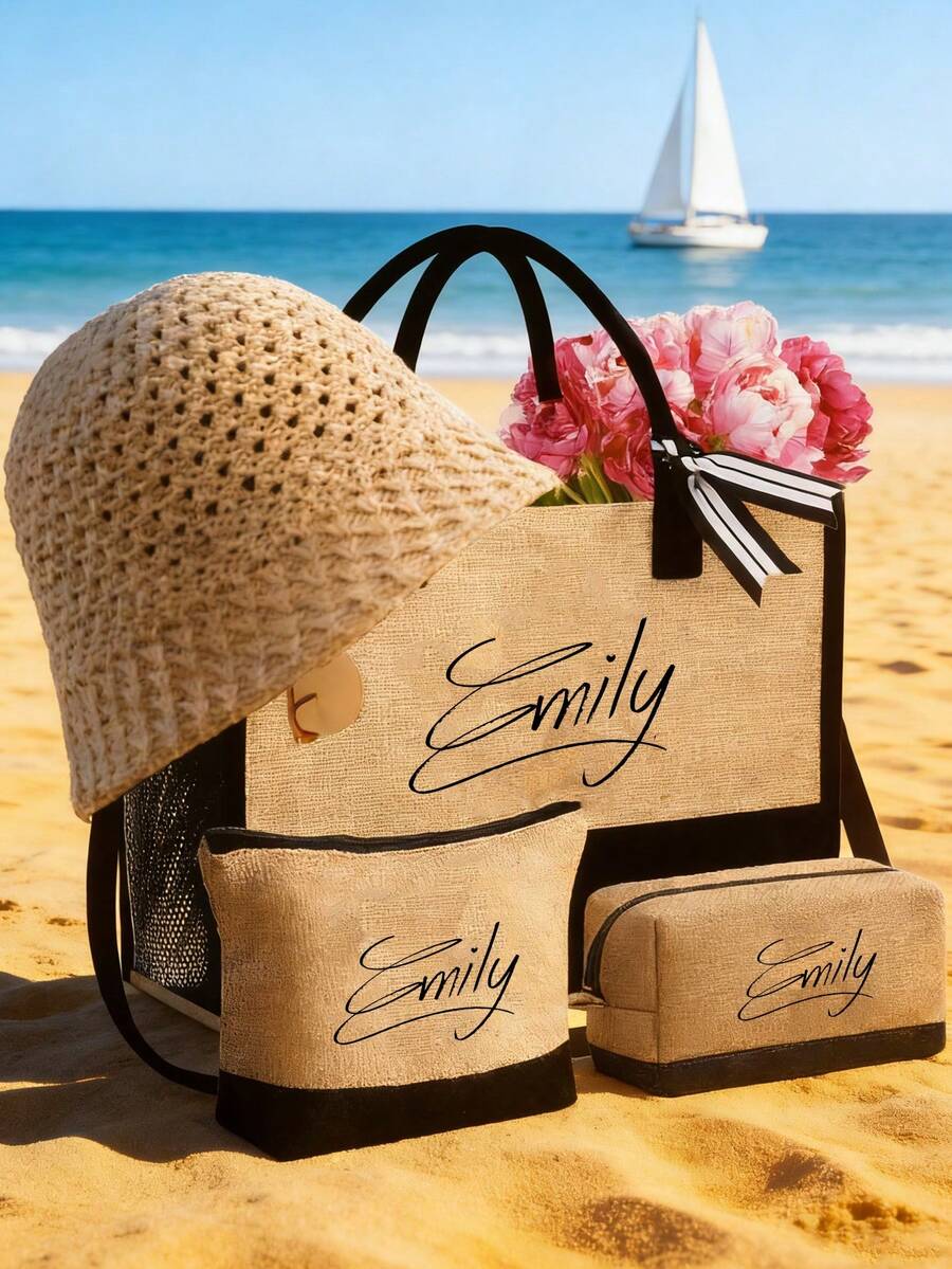 Personalized Name Customized Women's Beach Theme Tote Bag Set,You Can Freely Customize Various Artistic Font Names,It Includes A Large-Capacity Handbag And Two Cosmetic Bags.Travel Bags, Multi-Functional Storage Bags - Multicolor - View 1