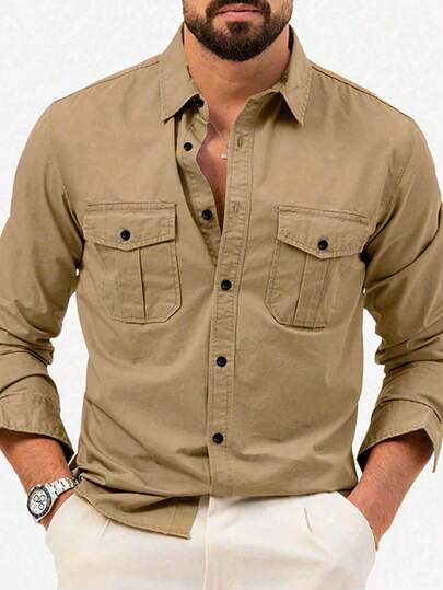 Khaki Color Men's Business Casual Long Sleeve Shirts, Solid Color Versatile Long Sleeve Tops, For Fall