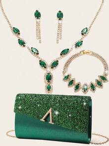 镶钻首饰闪亮项链耳环手链套装，可搭配手拿包，适合派对、晚宴等场合；金色亮片翻盖优雅信封手拿包，浪漫婚礼、春夏链条单肩包、新娘包、正式舞会手拿包、优雅晚礼服包，完美适用于派对、婚礼、舞会、晚宴/宴会等场合。