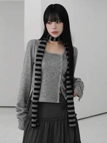 秋季不对称领长袖修身时尚短款上衣（不含围巾）休闲 - 灰色 - 查看 4