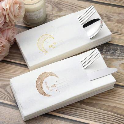 10pcs/Set Ramadan Blessing Print Disposable Knife Fork Napkins, Featuring Ramadan Crescent Moon Pattern, Suitable For Home Decor, Eid Al-Fitr Decoration, Ramadan Celebration, Eid Al-Adha, Islamic Ramadan Party