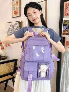 2025新款可爱女式背包，防水多口袋尼龙学生背包，可爱笔记本电脑书包，适合女生 - 紫色 - 查看 12