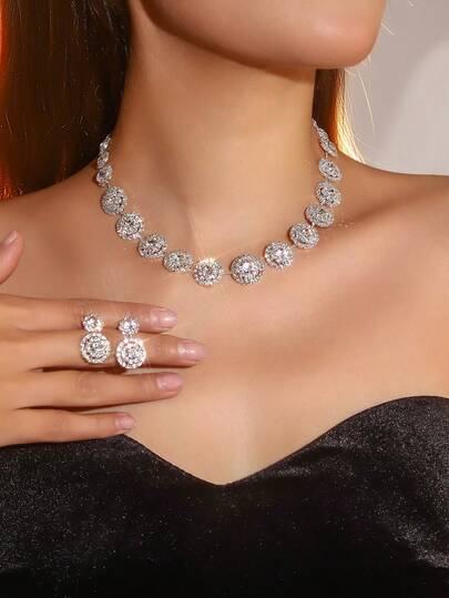 3pces Polka Dot Vintage Bridal Jewelry Set: Necklace, Earrings, Bracelet, For Thanksgiving Season