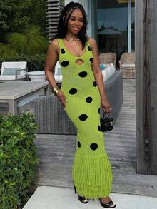 Women's Fashionable Sexy Sleeveless Polka Dot Printed Cut-Out Slim Fit Dress For Spring Summer And Autumn Greendress Long Knitted Skirt V-Neck Strap Top Sweater Elegant Waist Cinched Bodycon Dress Gift For Mom Valentine's Day Graduation Party - màu xanh lá - Xem 2