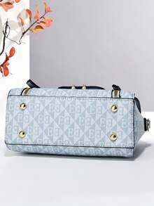 新款字母印花女士手提包，大容量休闲单肩包，多功能斜挎方包 - 藍色 - 查看 6