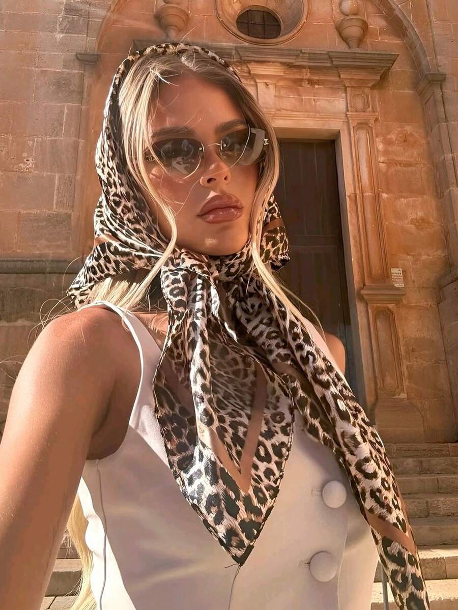 1pc Women's Leopard Print Square Bohemian Style Scarf, Suitable For Summer Beach, Can Be Used As Bandeau, Head Wrap, Shawl, Or Waist Belt - Multicolor - View 1