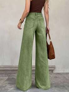 Women's Casual Wide Leg Jeans, Long Design With Buttons, Zipper And Pockets, Fashion Versatile, Medium Stretch Fabric, Comfortable To Wear - Green - View 3