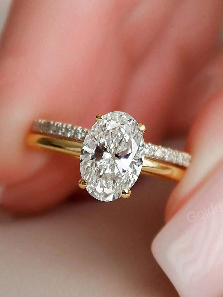 Nooxian 2pcs/Set Luxury Gold Zirconia Diamond Element Wedding Rings, Engagement Rings For Brides & Bridesmaids (No Gift Box) - Multicolor - View 1