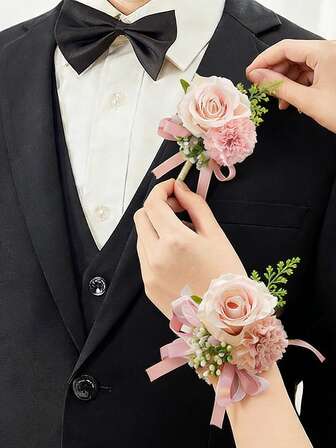 粉色玫瑰胸花和襟花，适合新郎、新娘、伴娘，婚礼鲜花配饰，舞会礼服，情人节装饰