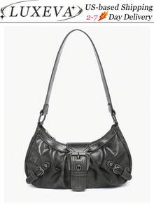1pc Vintage Milady Softened Distressed Leather Motorcycle Bag With Rivet, Buckle And Folded Cloud Decoration; Suitable For Work, Commute, Dating, And Party - Xám - Xem 4