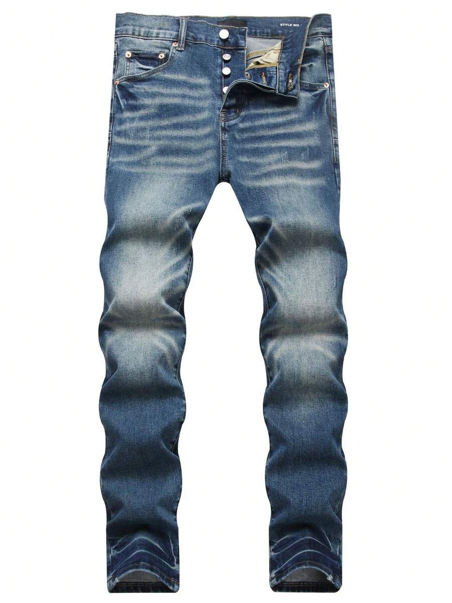 Vaqueros ajustados elásticos punk rock para hombres 2026 nueva llegada pantalones de mezclilla desgastados con bigotes de gato azul oscuro moda de streetwear ajustada - Azul - Ver 1