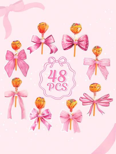 48张粉色蝴蝶结棒棒糖纸卡，可爱蝴蝶结生日棒棒糖装饰卡，适用于DIY礼物包装、生日派对用品、新娘婚礼派对回礼装饰，8种设计