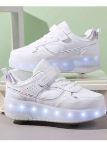 Teens Roller Skate Shoes, Wheeled Shoes, Double Wheel Roller Shoes, LED Rechargeable Luminous Shoes - White - View 9