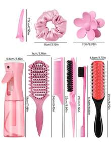 2/4/5/6/12 件套男女通用升级版美发造型梳套装，包含 9 排尼龙气垫造型梳 + 卷发梳 + 蓬松梳 + 尖尾梳 + 边缘梳 + 喷雾瓶 + 鸭嘴夹 + 花朵发夹 - 彩色 - 查看 10