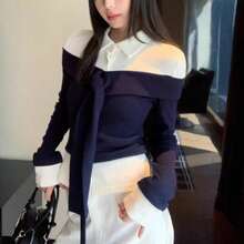 ملابس علوية أنيق للنساء، بياقة بولو ذو ألوان متباينة، أزرار وربطة، أكمام طويلة، ملابس علوية أنيقة للنساء، قمصان كاجوال عصرية للشتاء