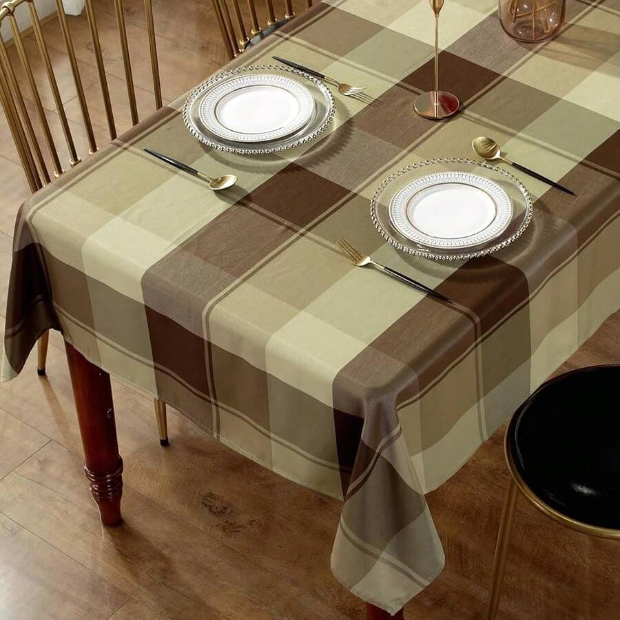 Honellaty Rectangle Tablecloth Checkered Polyester Table Cloth Spill-Proof Wrinkle Resistant Plaid Fabric Table Cover Kitchen Dinning Outdoor, 52 X 70 Inch Taupe,70inchx52inch(Rectangular),Taupe - 灰褐色 - 查看 1