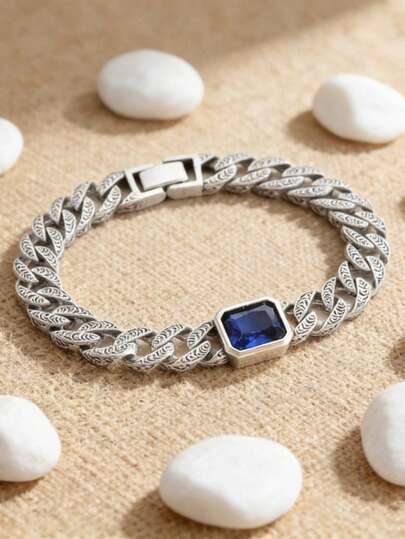 1 pieza Pulsera cubana de lujo vintage incrustada con circonita cúbica azul, joya casual como regalo para hombres y mujeres