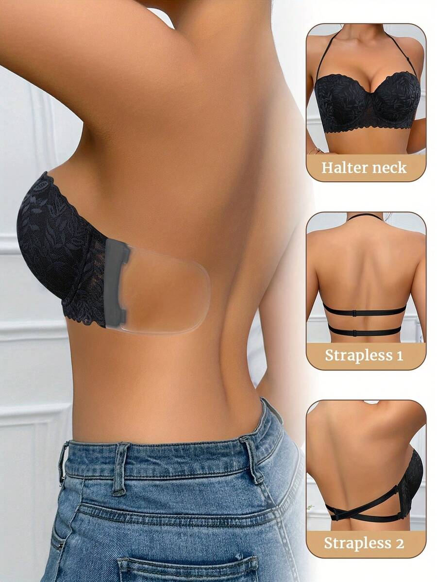 Women's Convertible Multi-Way Strapless Underwire Push Up Bra With Lace - Removable Straps, Body Shaping & Anti-Sag, Breast Enhancing