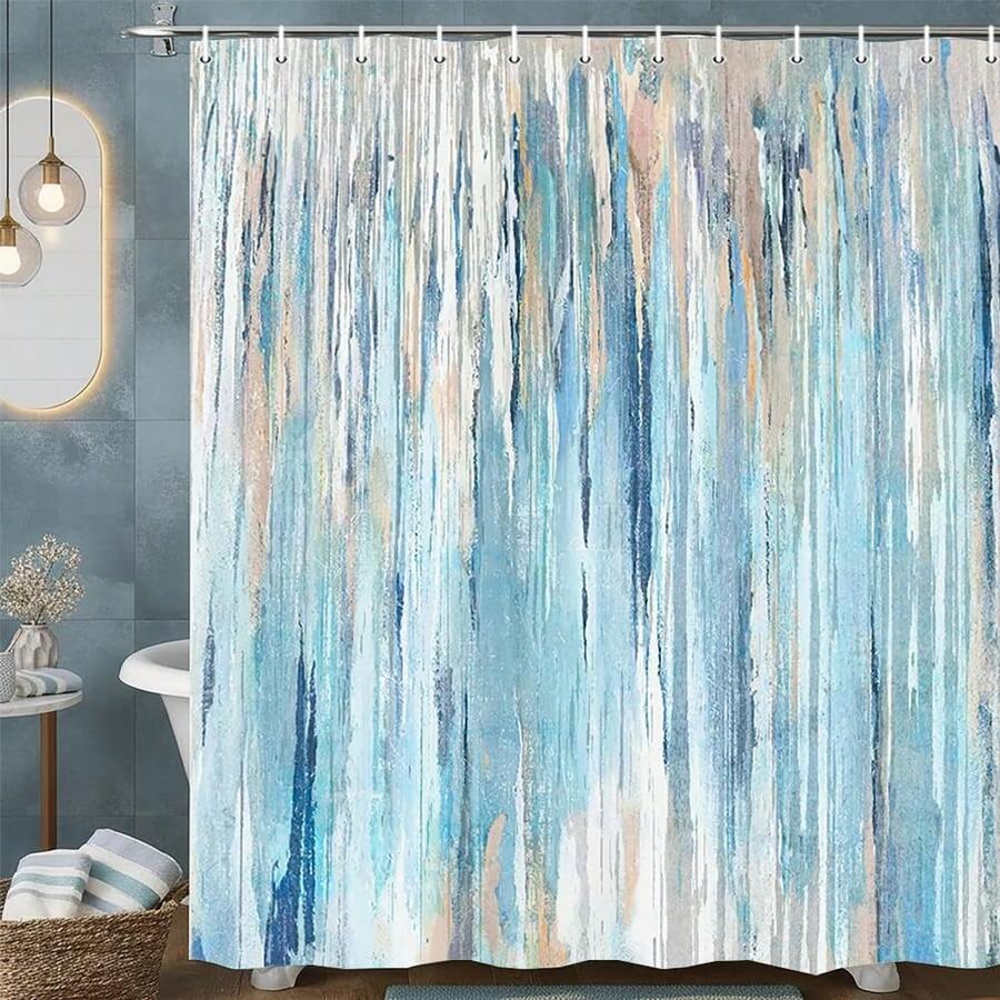 Abstract Shower Curtain Modern Shower Curtain Sets For Bathroom Gray Blue Aesthetic Stripe Pattern Contemporary Minimalist Painting Bathtub Curtains With Hooks, The Best Choice For Housewarming,Great Gift For Friends, Families Home Hotel Use - 藍色 - 查看 1